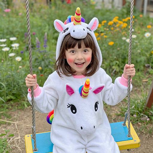 Photograph of a smiling Asian toddler in a white unicorn onesie with rainbow horn and ears, sitting on a blue swing in a colorful garden.