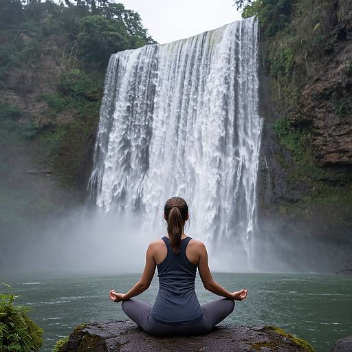 Photograph: Woman with brown ponytail, in gray tank top and leggings, sits cross-legged on rock, meditating in front of towering waterfall,