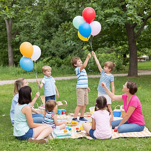 Photograph of a family picnicking on grass, four children and two adults, three boys and one girl, holding balloons, with a lush green