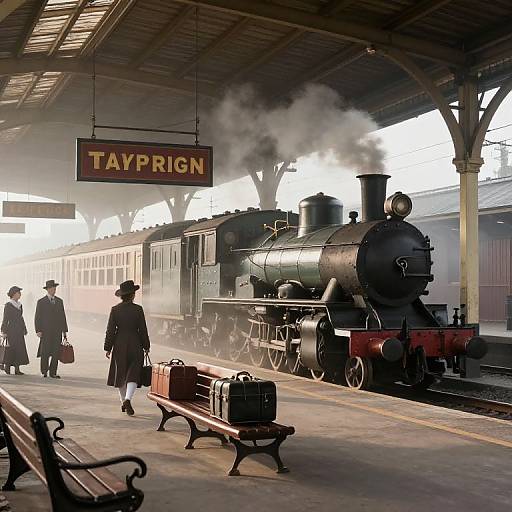 Vintage photograph of a steam train at TAPRIGON station, with three passengers in coats and hats, under a wooden roof.
