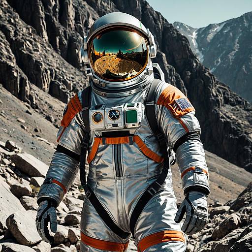 Astronaut in Reflective Suit on Rocky Mountain Terrain