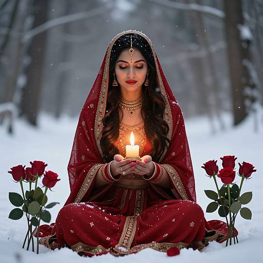 Photograph of a South Asian woman in a red traditional saree, holding a lit candle amidst snow, surrounded by red roses.
