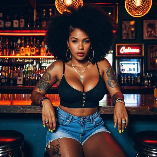 Confident Woman Sitting at Bar with Afro Hairstyle