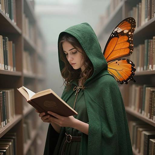 Photograph of a young woman with brown hair, green hooded cloak, and orange butterfly wings, reading a book in a misty library.