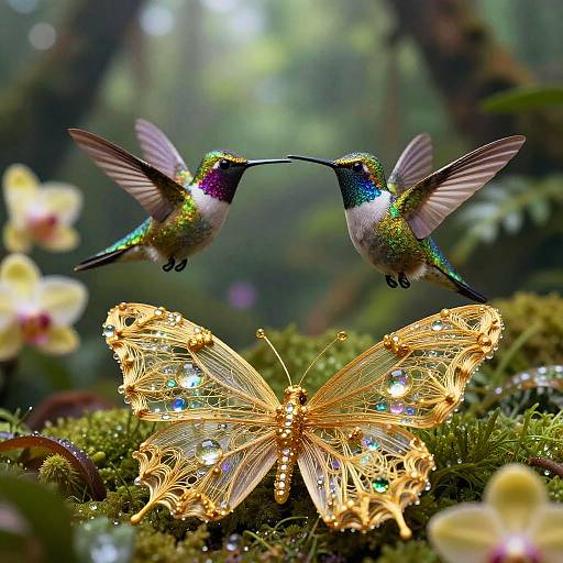 Celestial Tropical Rainforest with Hummingbird Sprites