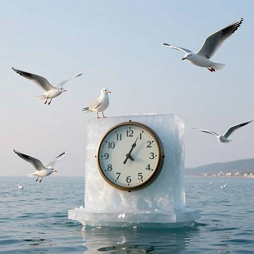 Photograph of a floating, transparent ice clock with a white face and black hands, surrounded by flying seagulls on calm ocean water under a clear