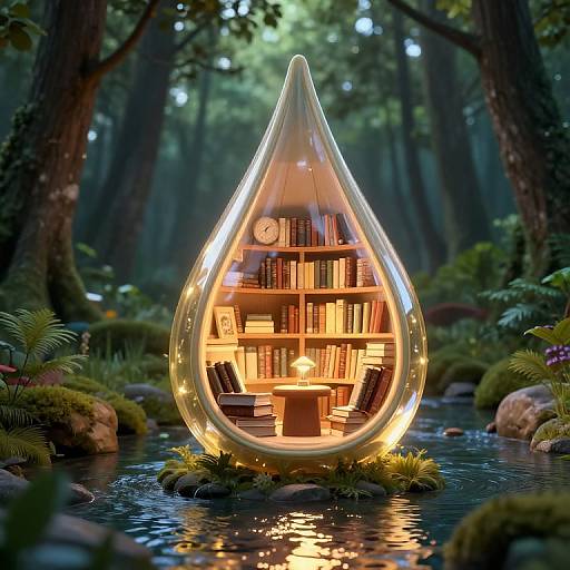 Photorealistic CGI: Glowing teardrop-shaped bookshelf illuminates a forest stream, filled with books, clock, and wooden shelves, surrounded