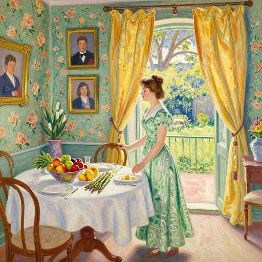 Vibrant digital painting of a woman in a green floral dress, arranging fruit on a table in a sunlit, floral-patterned room with yellow