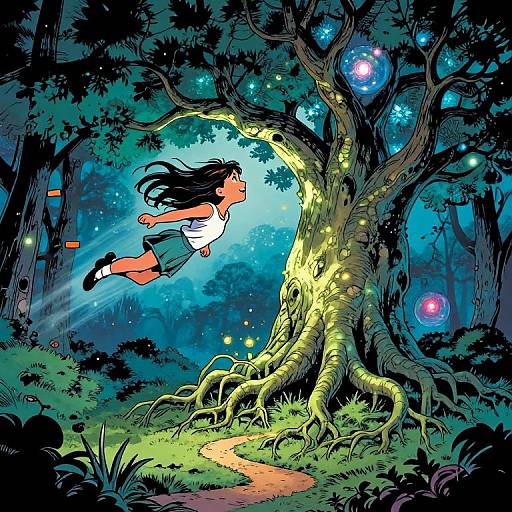 Digital illustration of a girl with flowing black hair, white shirt, and green skirt flying towards a glowing, enchanted tree in a vibrant, starlit forest