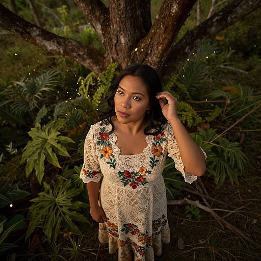 Photograph of a young woman with medium brown skin and black hair, wearing a white lace dress with floral embroidery, standing in front of a large tree