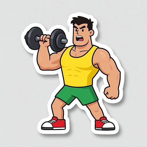 Cartoon-style illustration of a muscular man with short black hair, wearing a yellow tank top, green shorts, red shoes, lifting a black dumbbell