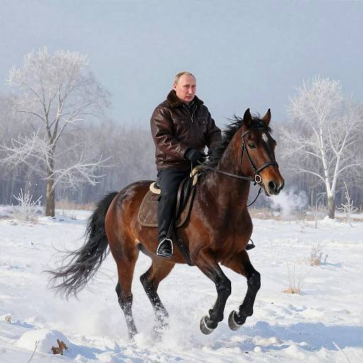 Photograph of a bald, middle-aged man in a black jacket riding a brown horse through a snowy, winter landscape with leafless trees.