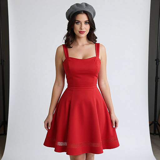 Photograph of a fair-skinned woman with dark wavy hair, wearing a red sleeveless dress, grey beret, and red lipstick, standing