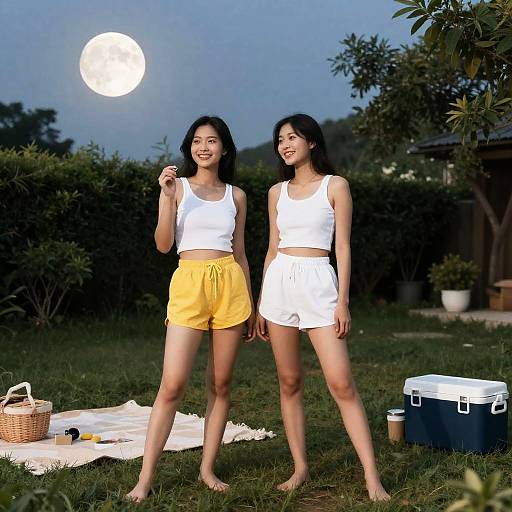 Moonlit Backyard Scene with Two Friends