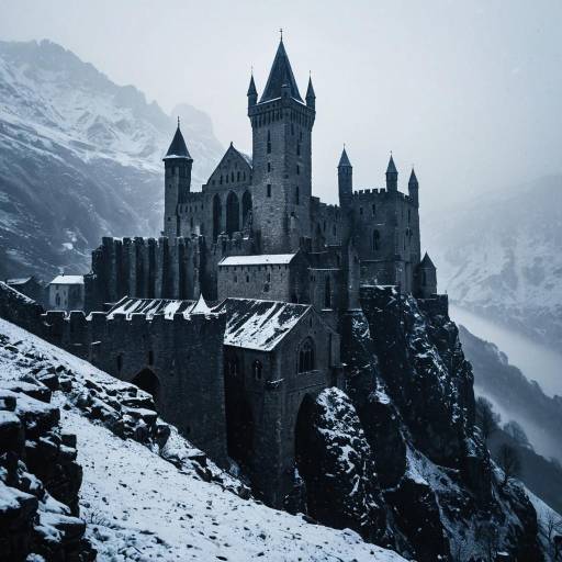 Ancient Gothic Castle on Snowy Mountain Cliff