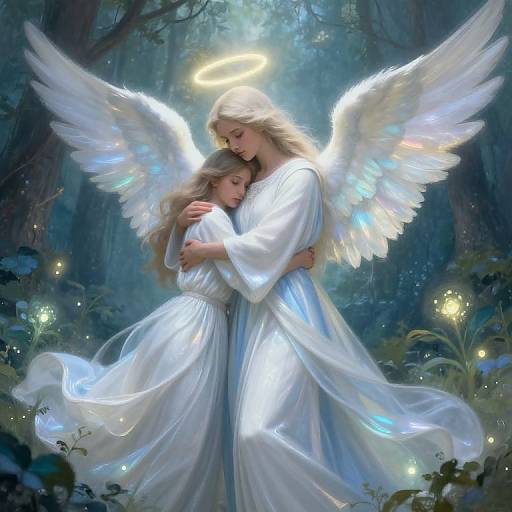 Digital painting of two angelic women with glowing white wings, embracing in a mystical forest, both wearing flowing white robes, with a halo over the taller
