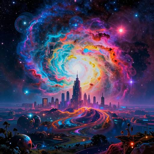 Digital artwork: Vibrant cosmic explosion over a cityscape with glowing skyscrapers, colorful energy swirls, and winding light trails, set against a