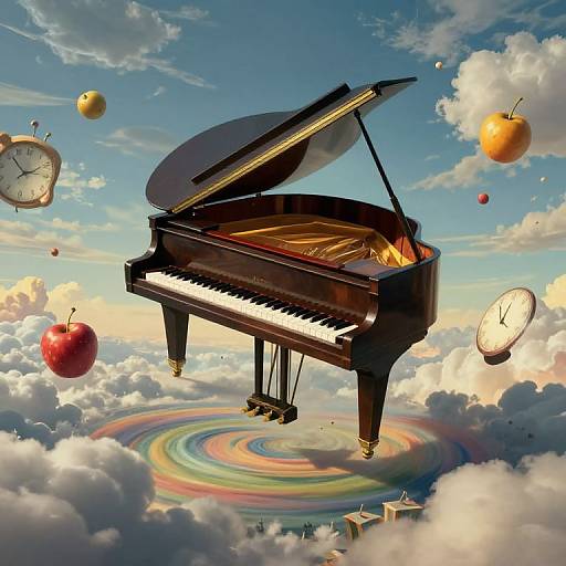 Photorealistic digital artwork of a glossy black grand piano floating amidst clouds, surrounded by floating apples, clocks, and a rainbow swirl beneath a blue sky