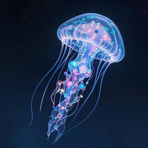 Glowing neon jellyfish with blue, pink, and white lights floating in a dark, star-filled ocean, captured in a digital CGI style.