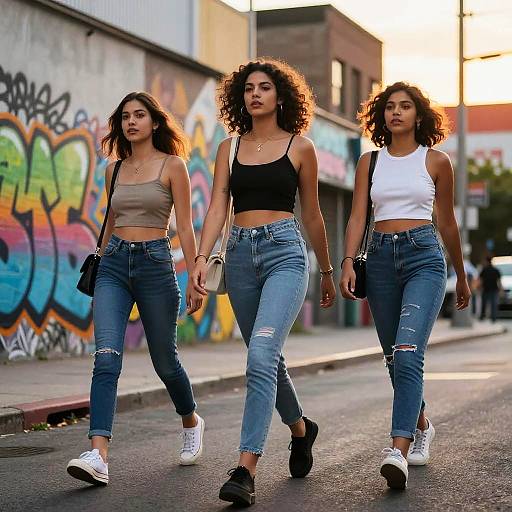 Photograph of three young women with curly hair, wearing crop tops and ripped jeans, walking down a graffiti-covered urban street at sunset.