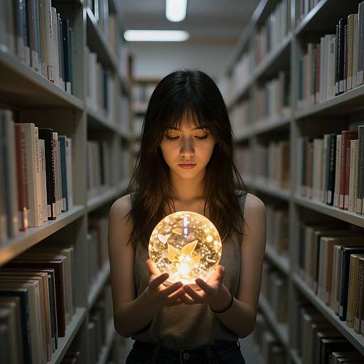 Woman Holding Radiant Sphere in Library