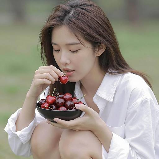 Young Woman Enjoying Cherries Outdoors