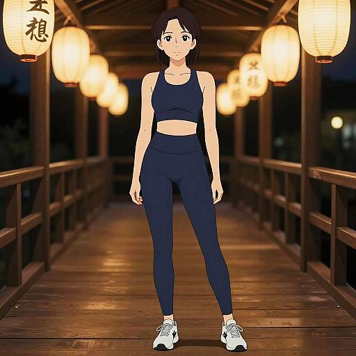 Digital anime-style drawing of a young woman with short black hair, wearing a black sports bra and leggings, white sneakers, standing on a wooden bridge at