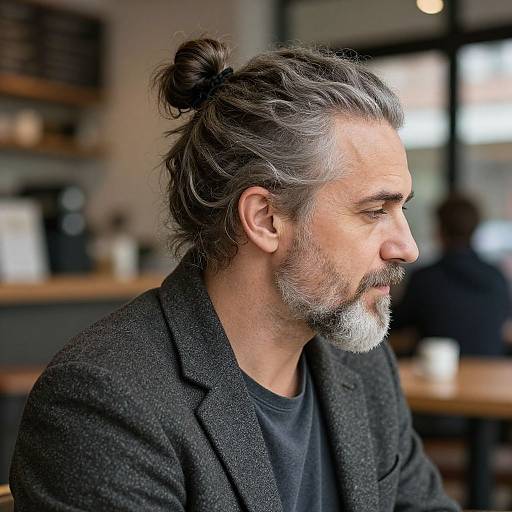Mature Man Bun in Cozy Coffee Shop