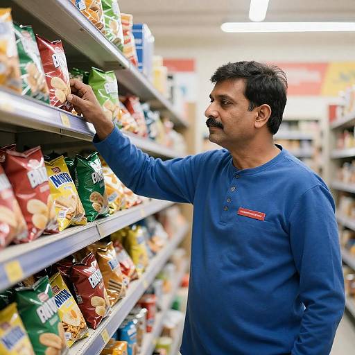 South Asian Man Leaning in Snack Aisle