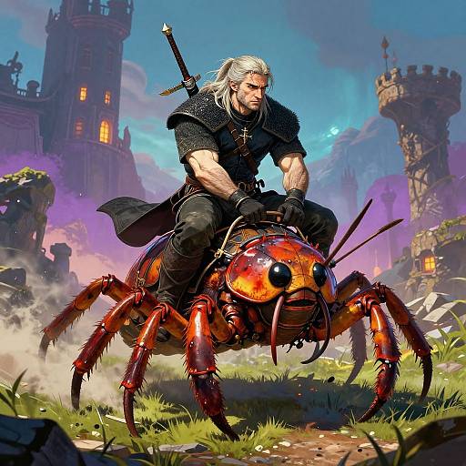 Digital fantasy artwork: Muscular white-haired man with sword, armored black attire, rides a large, red, insect-like creature through a colorful, ruined