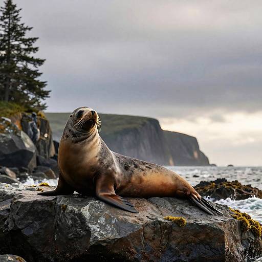 Photograph of a seal lying on a rocky outcrop by a stormy sea, with cliffs and a pine tree in the background.