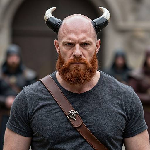 Photograph of a bald, bearded man with black horns, gray t-shirt, brown leather strap, intense expression, blurred medieval background.