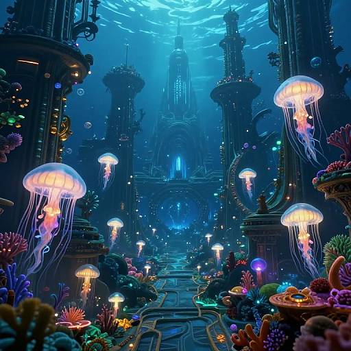 Digital artwork of a vibrant, underwater sci-fi city with glowing jellyfish, colorful coral, and illuminated pathways, bathed in blue light.