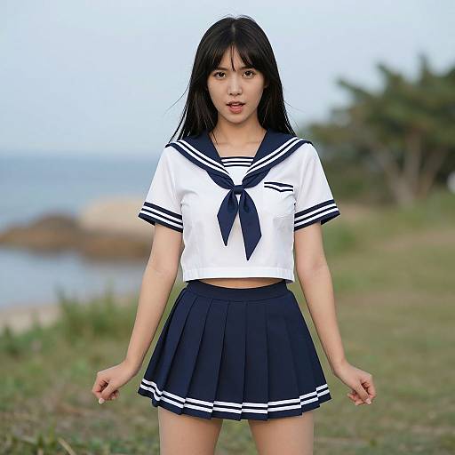 Photograph of an Asian woman with long black hair in a Japanese schoolgirl uniform, white crop top with navy neckerchief, and navy pleated