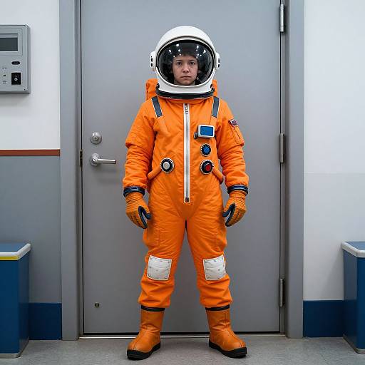 Photograph of a young child in an orange astronaut suit with white helmet, standing in front of a gray door, inside a sterile room with blue and