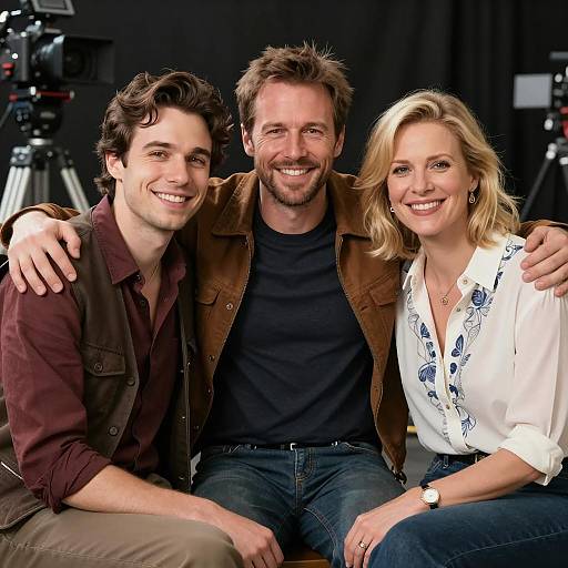 Joyful Trio Surrounded by Camera Equipment