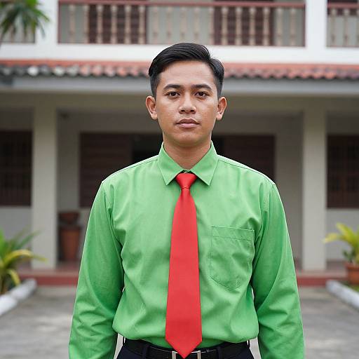 Photograph of a young Asian man with short black hair, wearing a green dress shirt and bright red tie, standing in front of a white building with