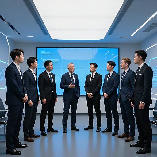 Photograph of seven men in black suits, white shirts, and ties standing in a modern, brightly lit conference room with a large blue screen behind them