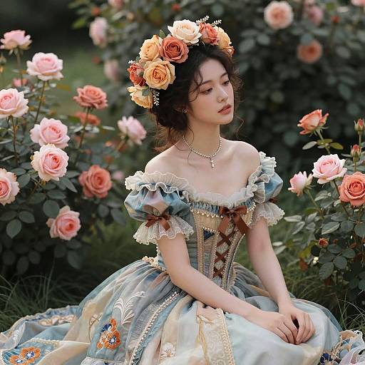 Rose Adorned Woman in Vintage Gown