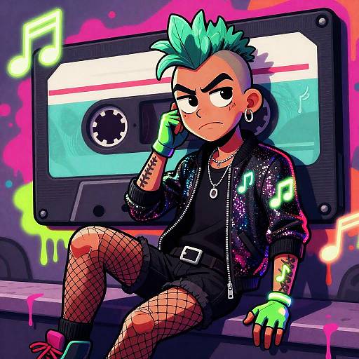 Stylized Musician with Mint Mohawk and Neon Tattoos