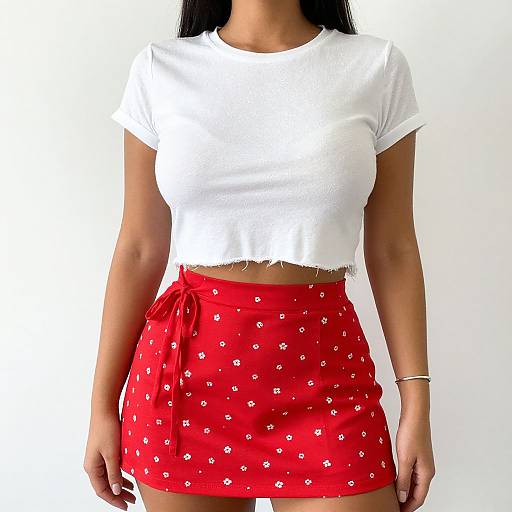 Photograph of a woman with long black hair, wearing a white cropped t-shirt and a red skirt with small white heart patterns, against a plain white