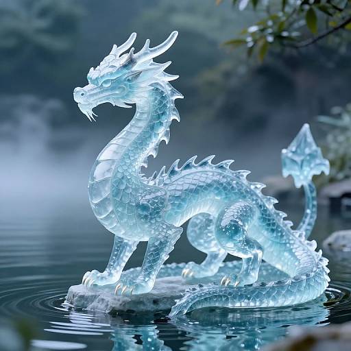 Photograph of a glowing, translucent ice dragon sculpture standing in a misty, serene lake, surrounded by fog and forest.