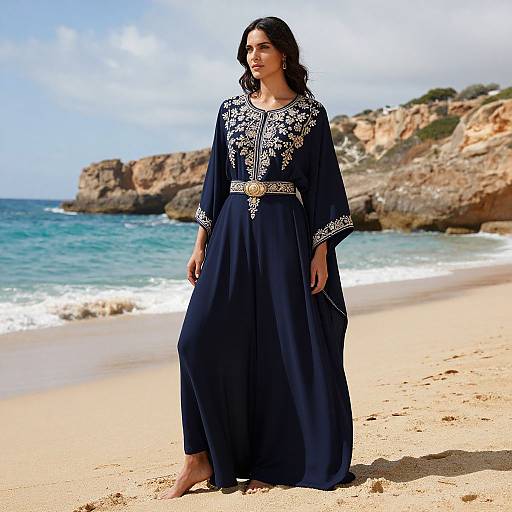 Graceful Woman in Embroidered Kaftan on Beach