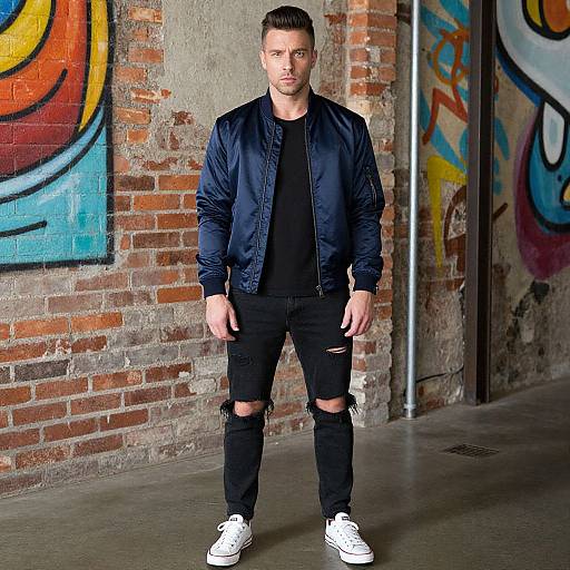 Photograph of a muscular man with short dark hair, wearing a navy bomber jacket, black ripped jeans, and white sneakers, standing in an urban graffiti