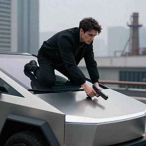 Intense Vigilante Overlooking Futuristic City