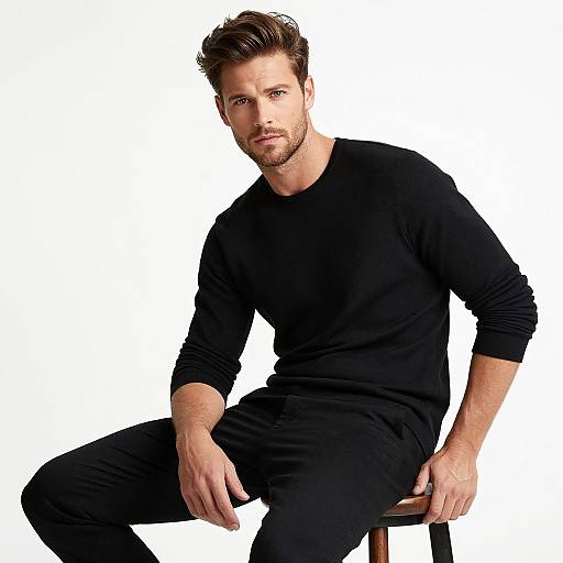 Photograph of a handsome, bearded man with tousled brown hair, wearing a black long-sleeve shirt and black pants, sitting on a