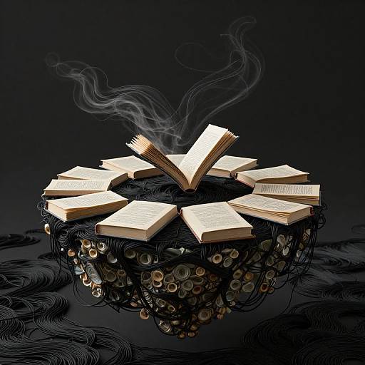 Floating Book Island Over Silk Threads