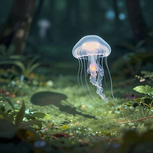 Photograph of a glowing, translucent jellyfish with long, trailing tentacles floating above a vibrant, bioluminescent forest floor.