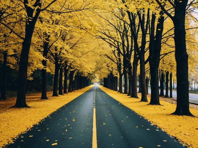 Autumn Serenity: Yellow Leaves and Road