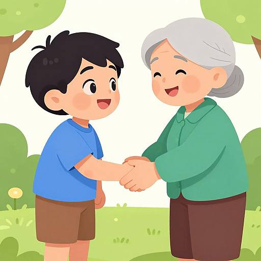 Digital drawing of a smiling young boy with black hair in a blue shirt and brown shorts, shaking hands with an elderly woman with white hair in a green